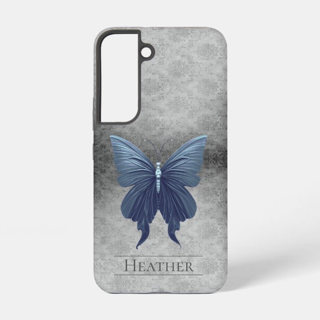 Blue Jewelled Butterfly Damask Samsung Galaxy S22 Case (Back)