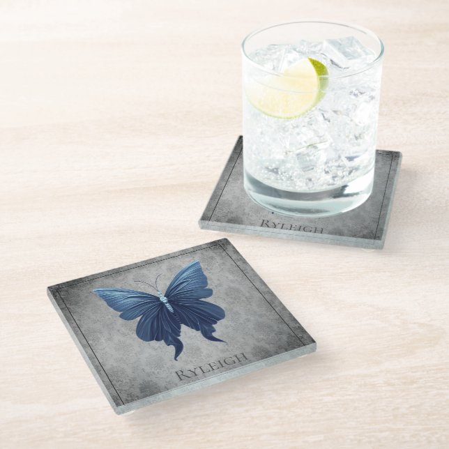 Blue Jewelled Butterfly Glass Coaster (Angled)