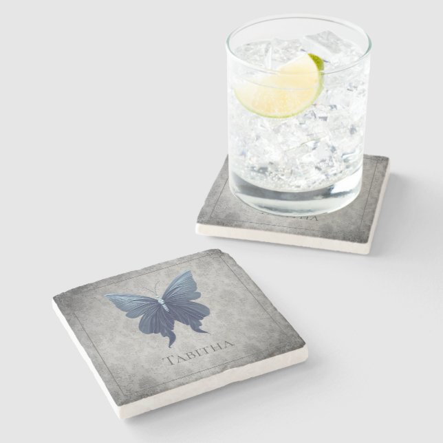 Blue Jewelled Butterfly Stone Coaster (Side)