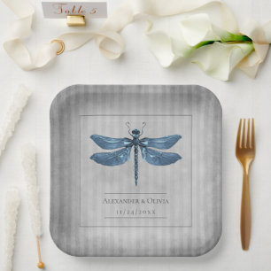 Blue Jewelled Dragonfly Wedding Paper Plate