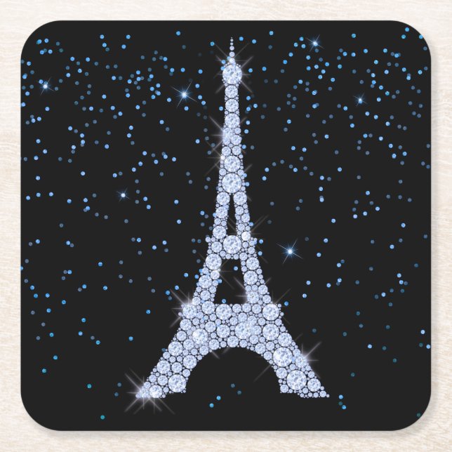 Blue Jewelled Eiffel Tower Square Paper Coaster (Front)