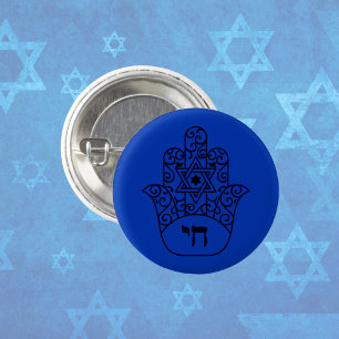 Blue Jewish Chai Hamsa with Star of David  1 Inch Round Button