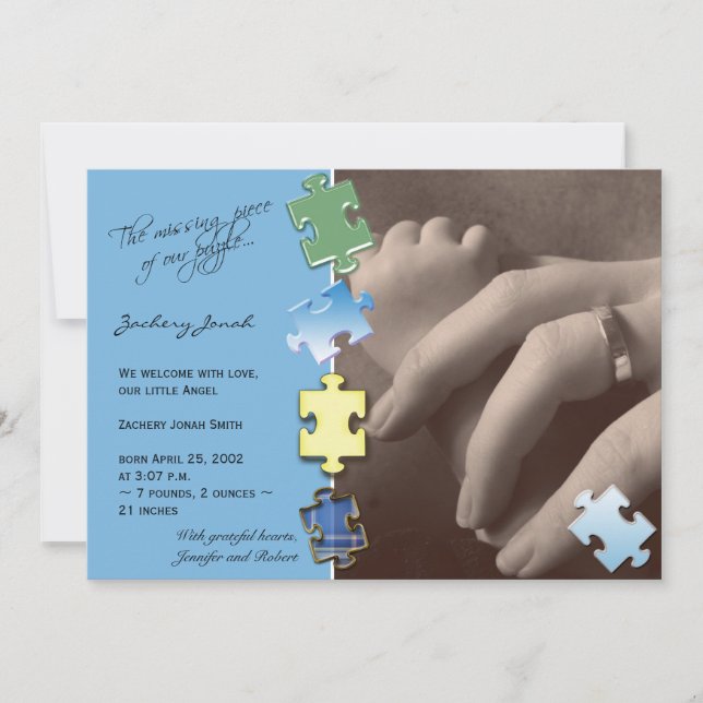 Blue Jigsaw Puzzle Photo Baby Announcement (Front)