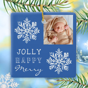 Blue Jolly Merry Snowflake Photo Christmas Holiday Ceramic Ornament