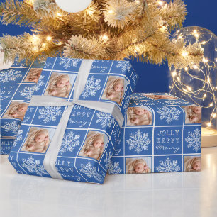 Blue Jolly Merry Snowflake Photo Christmas Holiday Wrapping Paper