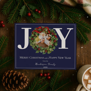 Blue Joy Christmas Wreath Photo Holiday Card