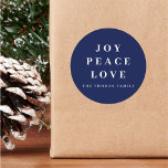 Blue Joy Peace Love Minimal Christmas Family Name Classic Round Sticker<br><div class="desc">Custom Merry Christmas with monogram text can be personalized.. This simple,  minimalist,  and contemporary Christmas design is ideal for standing out during the holiday season.</div>