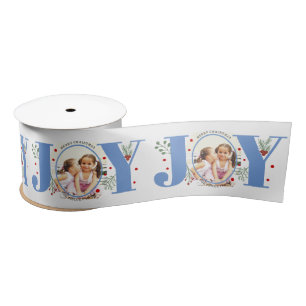 Blue Joy with berries Christmas photo Satin Ribbon