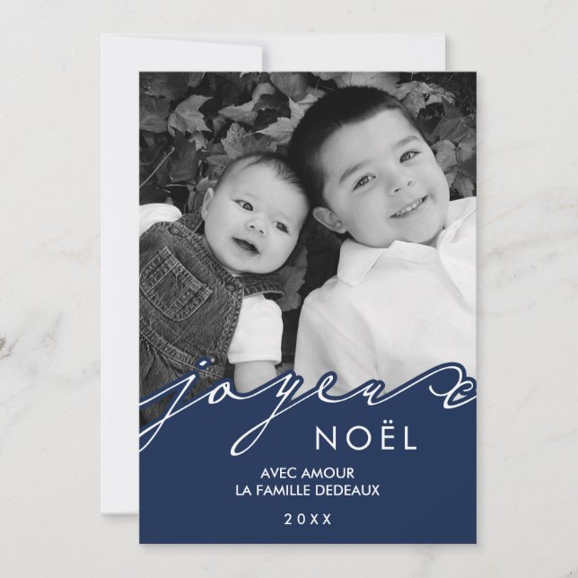 Blue Joyeux Noël Photo Holiday Card (Front)