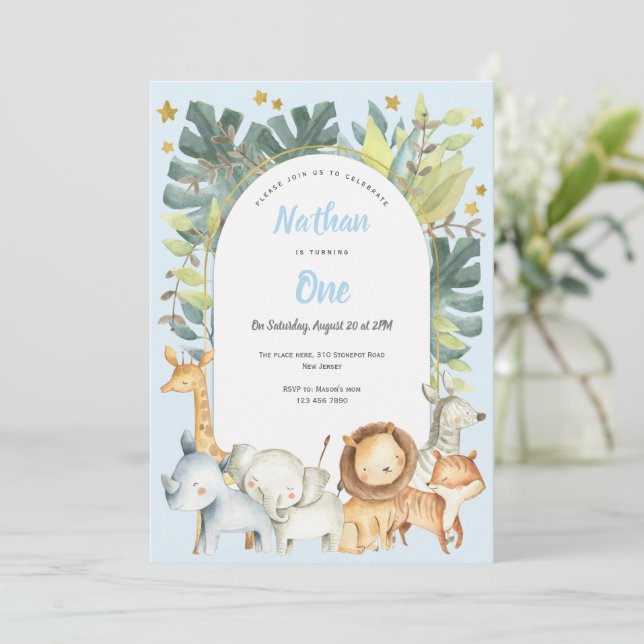  Blue Jungle animals 1st birthday invitation Boy (Standing Front)