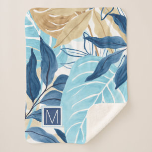 Blue Jungle Leaves Sherpa Blanket
