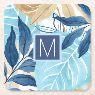 Blue Jungle Leaves Square Paper Coaster
