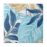Blue Jungle Leaves Tile<br><div class="desc">Blue Jungle IV by June Erica Vess. Tropical jungle leaves in abstract colours are brought together in this piece of art. | 163238Z</div>