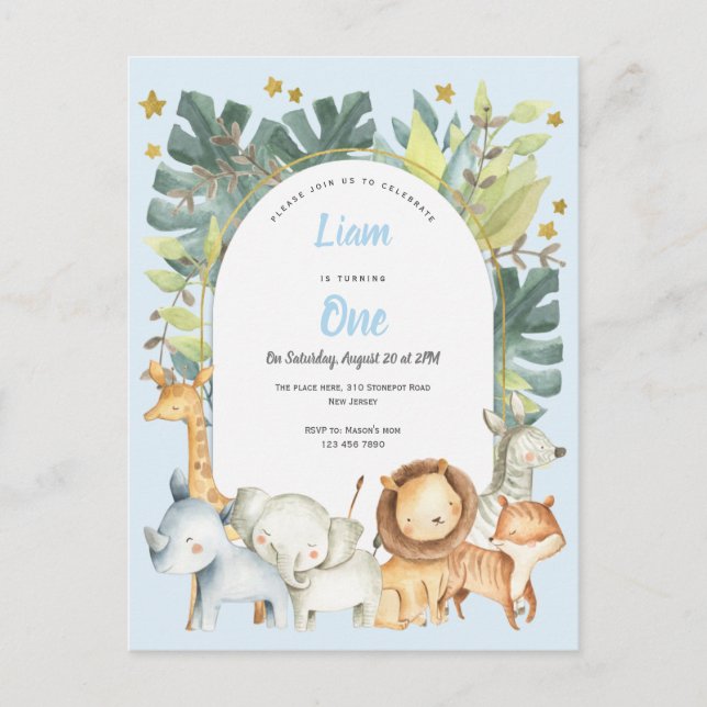 blue jungle safari animals boy first birthday invitation postcard (Front)