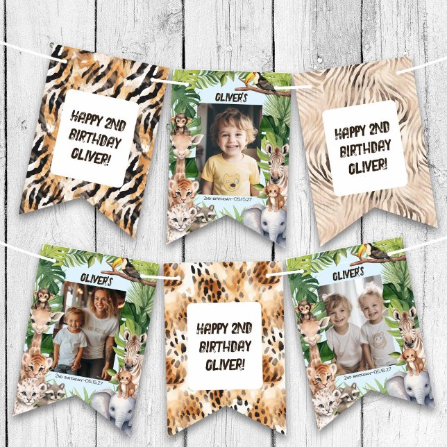 Blue Jungle Safari Animals Pattern Birthday Photo Bunting Flags (Safari Themed, Jungle Animals Any Age Birthday Photo Bunting flags for any age.)
