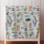 Blue Jungle Safari Cute Animals Personalized name  Baby Blanket<br><div class="desc">Introducing the Safari Jungle Animals Baby Boy Personalized Name Blanket, a cozy embrace of warmth and adventure for your little one. This baby blanket features a delightful pattern of safari and jungle animals, mingled with tropical leaves in soothing shades of beige, blue, and navy blue, creating a serene yet adventurous...</div>