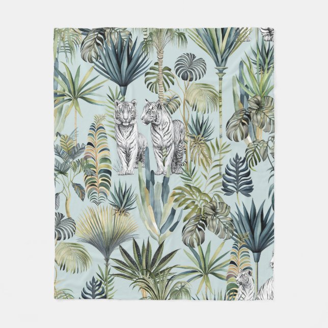 Blue Jungle White TIgers Fleece Blanket (Front)