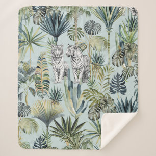 Blue Jungle White Tigers  Sherpa Blanket