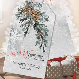 Blue Juniper Bough Pine Cones Snowy Woodland Gift Tags