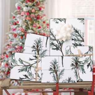 Blue Juniper & Cedar Tree Branch Winter Greenery Wrapping Paper Sheet