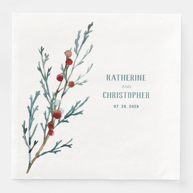 Blue Juniper & Red Berries Sprig  Napkin (Front)