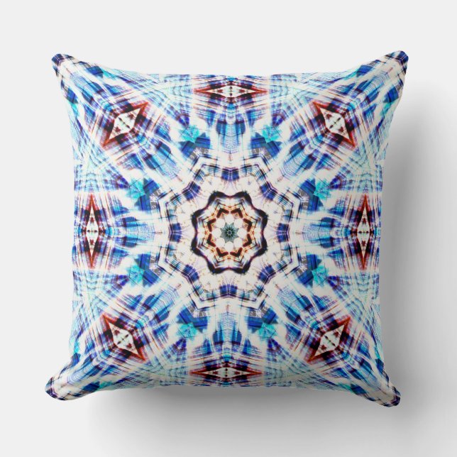 Blue kaleidoscope mix of texture and fabric woven throw pillow (Front)