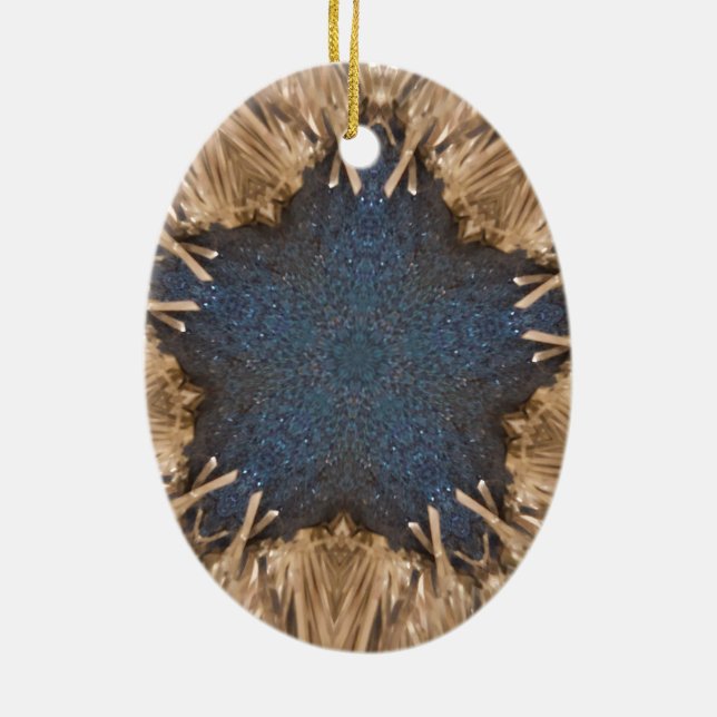 Blue Kaleidoscope Star Wicker Background Ceramic Ornament (Back)
