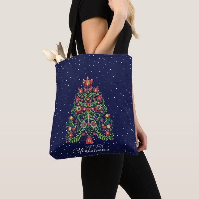 Blue Kalocsa Matyo Folk Christmas Tote Bag (Close Up)