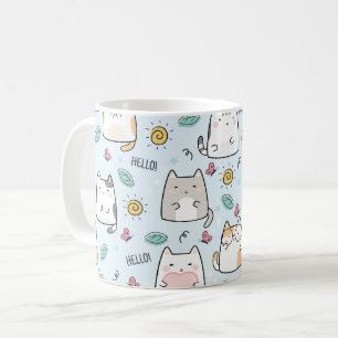 Blue Kawaii Cute Cats Hello Pattern Coffee Mug