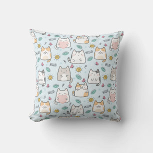 Blue Kawaii Cute Cats Hello Pattern Throw Pillow