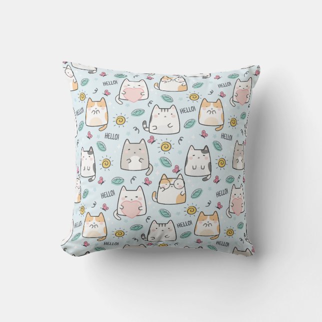 Blue Kawaii Cute Cats Hello Pattern Throw Pillow (Front)