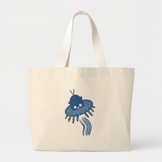 Blue Kawaii Octopus UFO Large Tote Bag (Front)