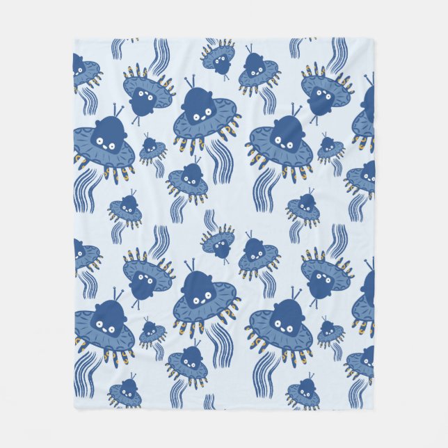 Blue Kawaii Octopus UFO Pattern Fleece Blanket (Front)