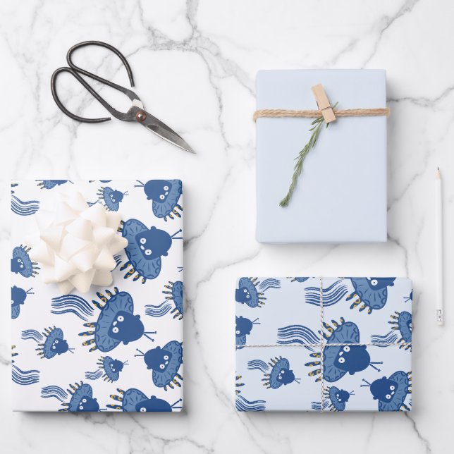 Blue Kawaii Octopus UFO Wrapping Paper Sheet (Front)
