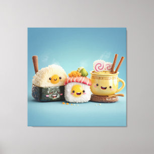 Blue Kawaii Sushi Trio Canvas Print