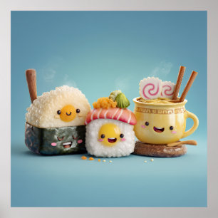 Blue Kawaii Sushi Trio Poster
