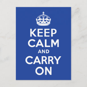 Blue Keep Calm and Carry On Postcard