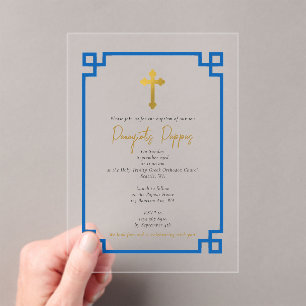 Blue Key Greek Orthodox Christening Boy Baptism Acrylic Invitations