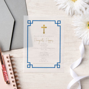 Blue Key Greek Orthodox Christening Boy Baptism Vellum Invitations
