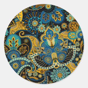 Blue khokhloma classic round sticker