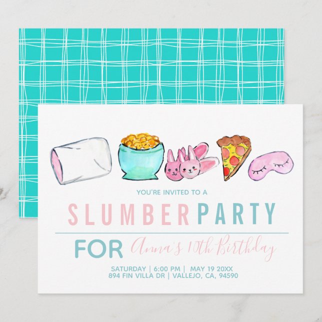 Blue kid girl sleepover slumber party invitation (Front/Back)
