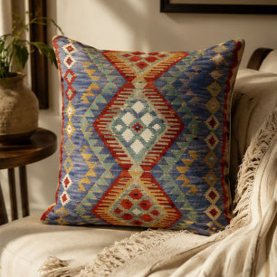 Blue Kilim Southwestern Rust, Sage & Cream Geometr Throw Pillow
