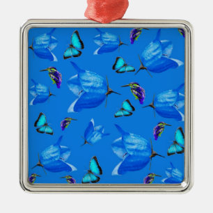 Blue Kingfishers Butterflies And Bell Flowers, Metal Ornament