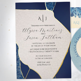 Blue Kintsugi Inspired Foil Wedding Invitation