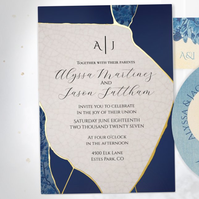 Blue Kintsugi Inspired Foil Wedding Invitation (Creator Uploaded)