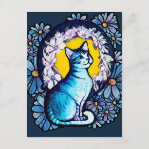 Blue Kitty Cat Halo Mucha Style Floral             Postcard