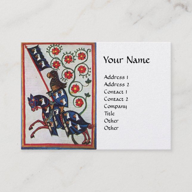 BLUE KNIGHT HORSEBACK Red Roses Medieval Pearl Business Card (Front)