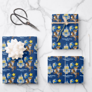Blue Knight in Shining Armour Kids Birthday Party Wrapping Paper Sheet