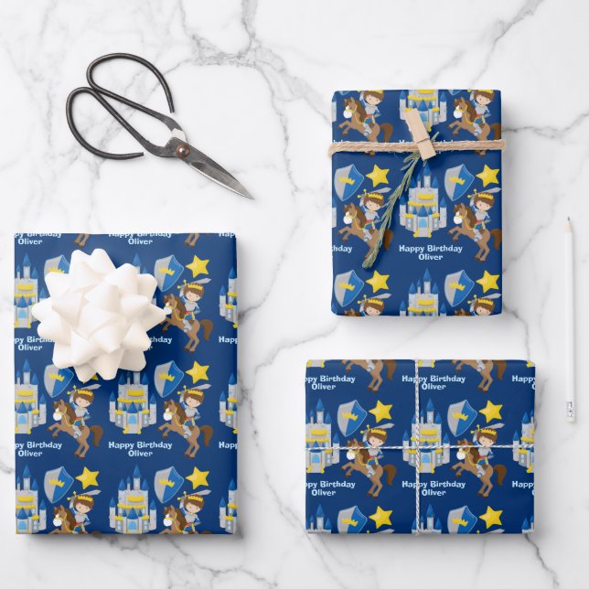 Blue Knight in Shining Armour Kids Birthday Party Wrapping Paper Sheet (Front)