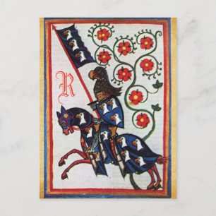 BLUE KNIGHT MEDIEVAL PARCHMENT MONOGRAM POSTCARD